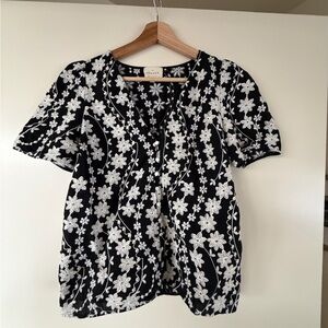 Sezane Emma Black Floral Embroidered Short Sleeve Blouse Size 36
